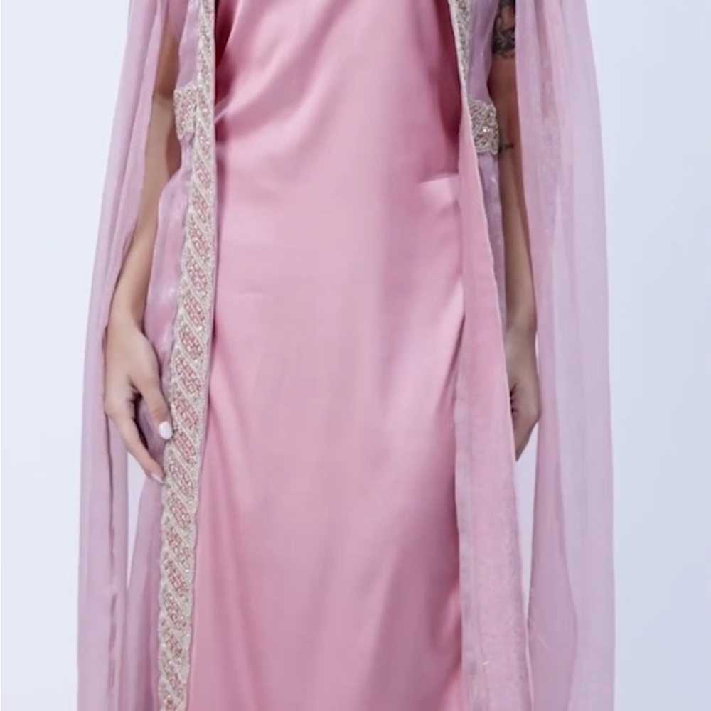 Silky Pink Cape Dress with Embellished Trim